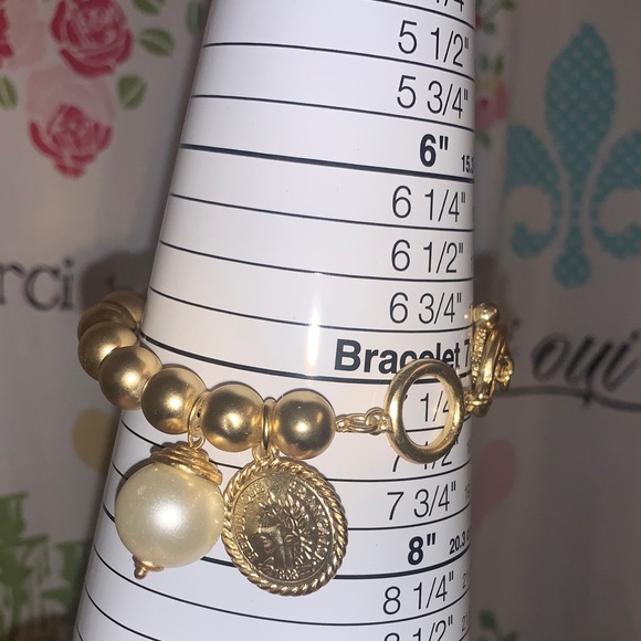 Karine Sultan Elegant Gold Beaded Bracelet with Pearl and Coin Charm - Picture 2 of 11